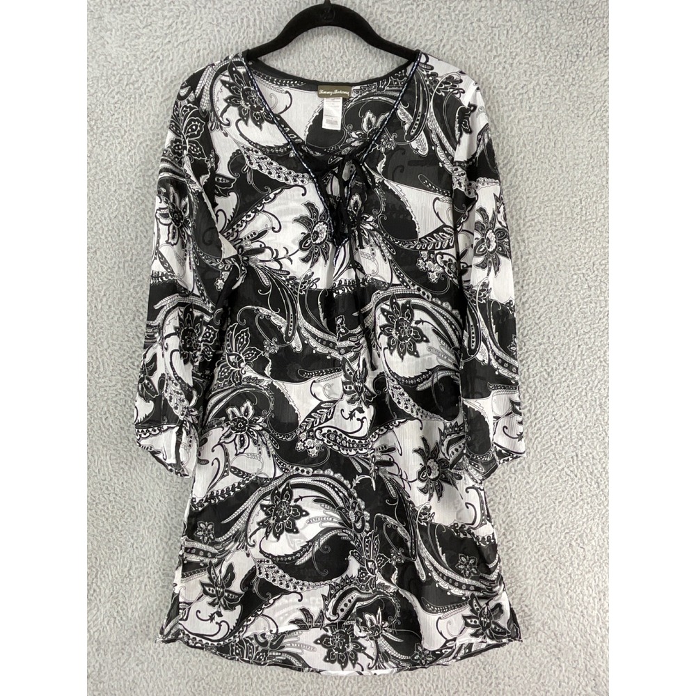 Tommy Bahama Swim Coverup Women M Black White Paisley Chiffon Tunic Excellent‎